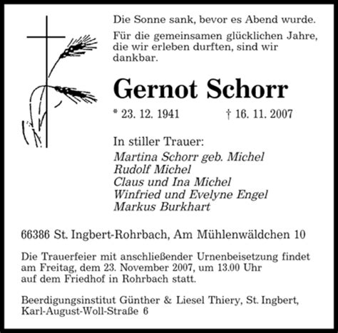 Traueranzeigen Von Gernot Schorr Saarbruecker Zeitung Trauer De