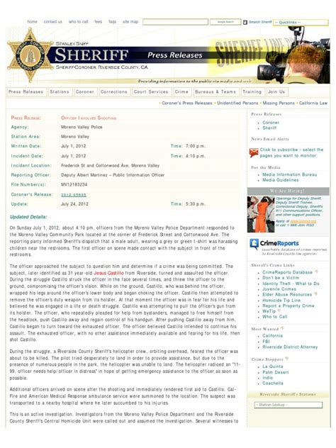 Riverside County Sheriff News Release On Deputy-Involved Shooting in ...