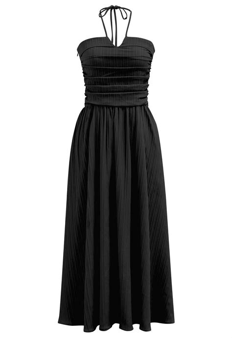 Halter Neck Shirred Back Midi Dress In Black Retro Indie And Unique