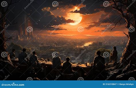 Group Of People Sitting At Table In Front Of Sunset Stock Illustration