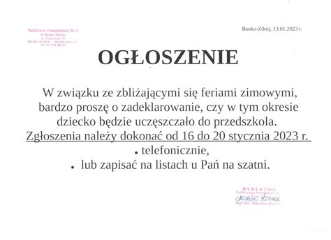 Deklarowanie Pobytu Dziecka W Przedszkolu W Okresie Ferii Zimowych