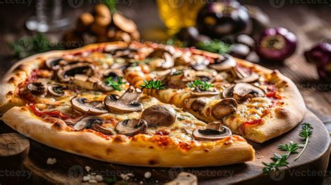 Freshly Baked Mushroom Pizza Toppings on Wooden Cutting Board for ...