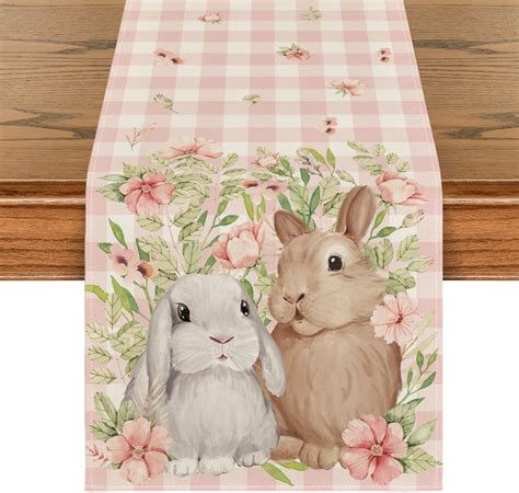 Artoid Mode Bunny Rabbit Flowers Leaves Pink Buffalo Plaid Easter Table