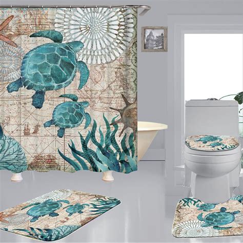 Sea Turtle Shower Curtain Sets With Non Slip Rugs Toilet Lid Cover And