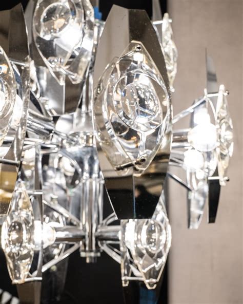 Italian Mid Century Chrome And Glass Lens Chandelier By Gaetano