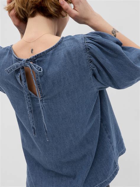 Puff Sleeve Denim Top With Washwell Gap