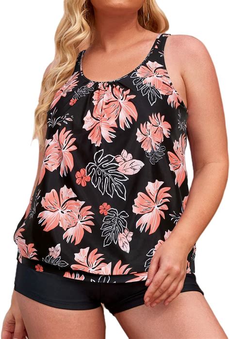 Yonique Plus Size Tankini Swimsuits For Women Blouson Tankini Tops With Swim Shorts