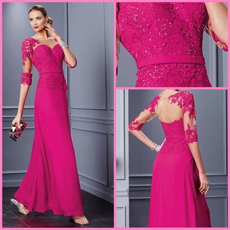 Fuchsia Chiffon Lace Formal Party Dresses 3 4 Sleeves Hollow Back