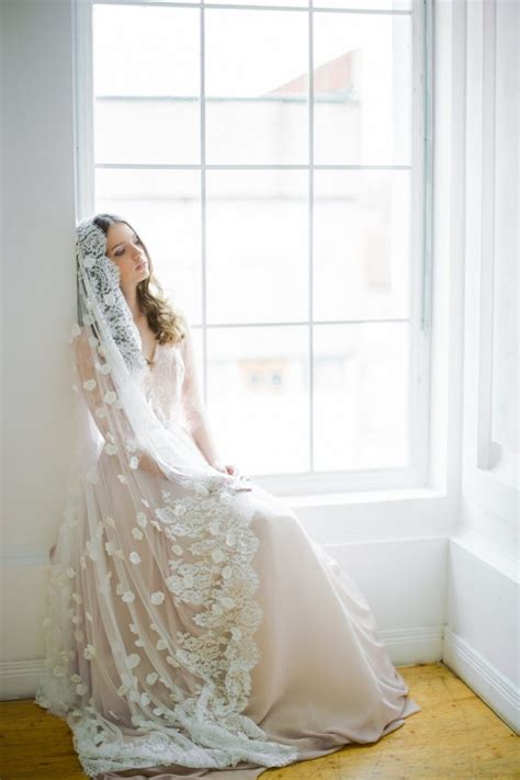 Off White Scalloped Edge Wedding Veil With Hand Sewn Textile Petals