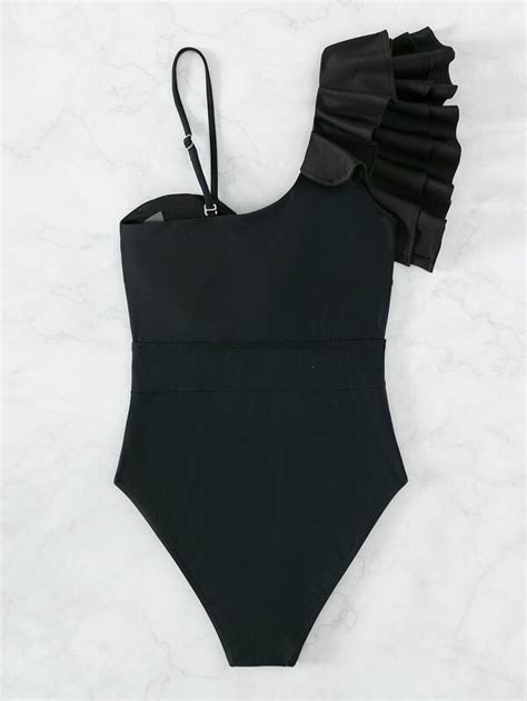 Shein Swim Chicsea Ruffle Trim Asymmetrical Neck One Piece Swimsuit