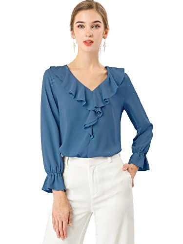 Allegra K Womens Ruffle Blouse For Business Work Elegant V Neck Long Sleeve Casual Dressy Top