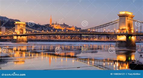 Szechenyi Chain Bridge in Winter Dusk Stock Image - Image of church ...