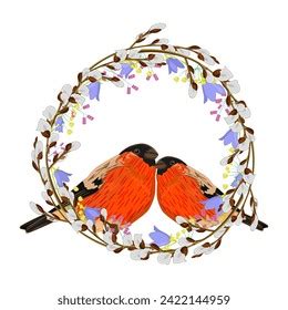 Red Birds Spring Wreath Pussy Willow Stock Vector Royalty Free