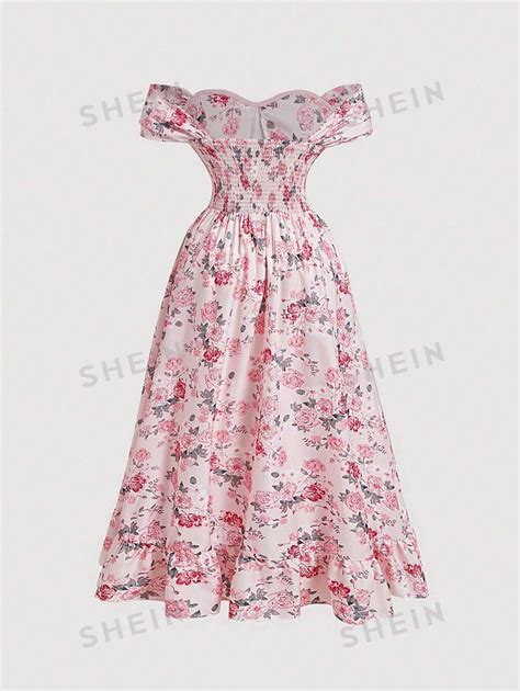 Shein Mod Vestido De Ver O Floral Ombro Mostra Babado E Fenda