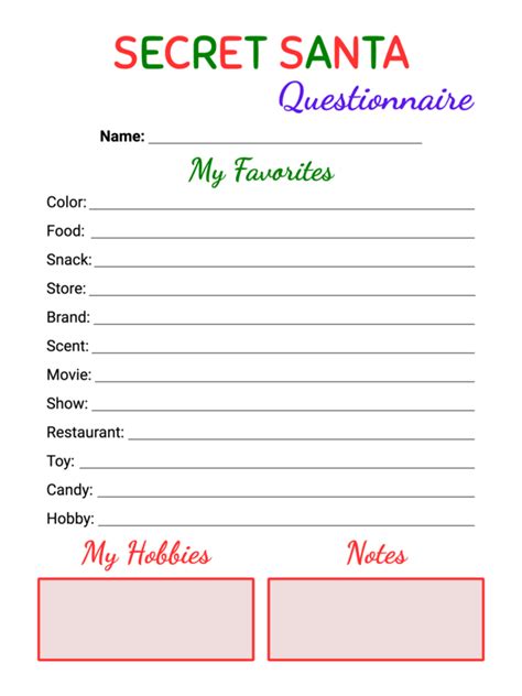 Free Printable Simple Colored Style Secret Santa Questionnaire Template · Inkpx