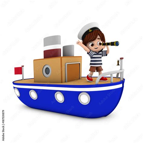 Niño montado en un barco mirando por un catalejo Stock Illustration