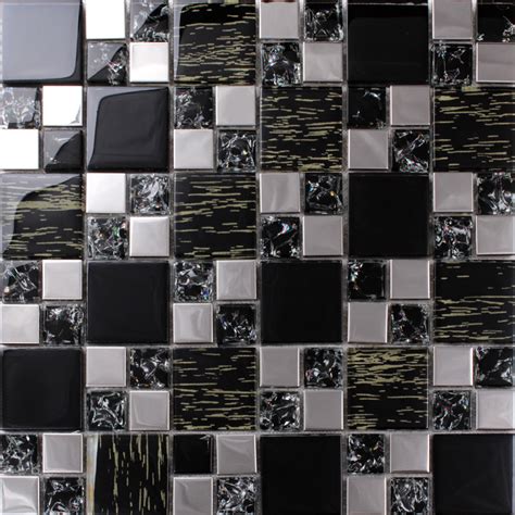 Silver Stainless Steel Black Crystal Glass Tile Backsplash Ideas Bathroom Crackle Mosaic