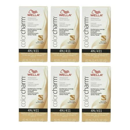 6 PACK Wella Color Charm Permanent Liquid Hair Toner 4N MEDIUM BROWN