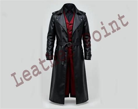 Mens Gothic Leather Trench Coat Steampunk Vampire Overcoat With Red