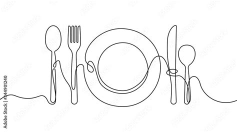 Continuous One Line Plate Hand Drawing Art Dinner Theme With Linear