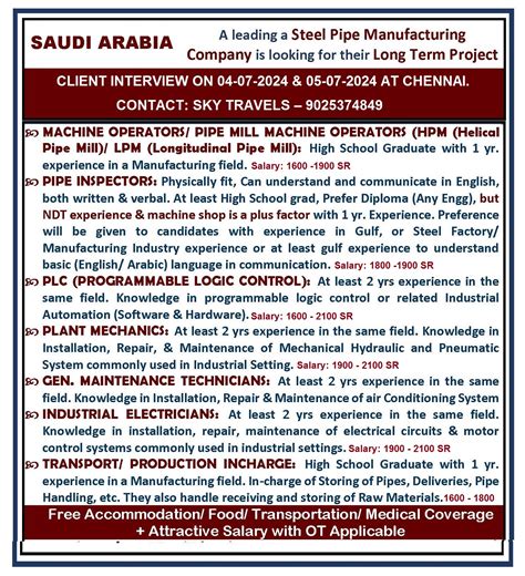 Urgently Required For Leading Company Saudi Arabia December