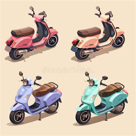 Four Variously Colored Scooters On A Pink Backdrop Stock Illustration Illustration Of