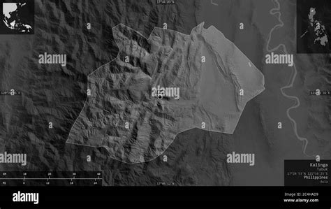 Kalinga, province of Philippines. Grayscaled map with lakes and rivers. Shape presented against ...