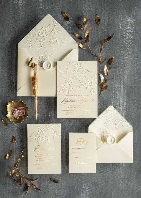 Elegant Gold Foil Wedding Invitations Embossed Modern Ivory Wedding Invites Romantic Glamour