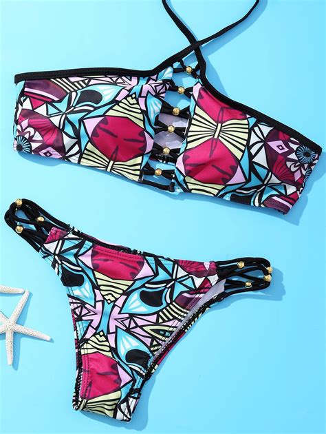 Alluring High Neck Beaded Tribal Print Criss Cross Bikini Set For Women