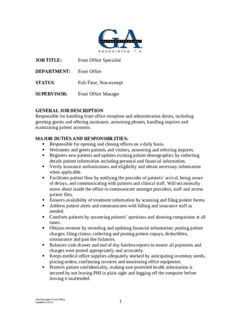 Front Office Manager Job Description Template Doc Template Pdffiller