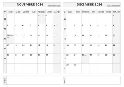 Calendrier novembre et décembre 2024 à imprimer Calendrier best