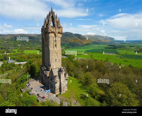 Aerial view of the National Wallace monument in Stirling, Scotland, UK ...