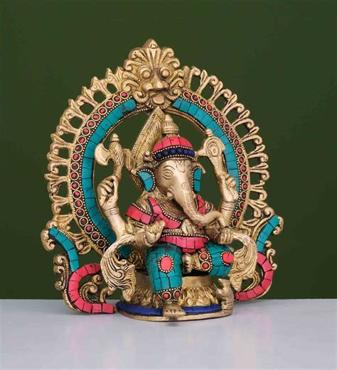 Buy Gold Brass Lord Ganesha Statue With Stonework Ganpati Idol For