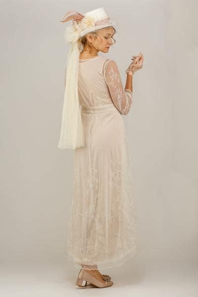 Nataya 40163 Downton Abbey Tea Party Gown In Ivory Peach Victorian Lace Dress 1920s Style