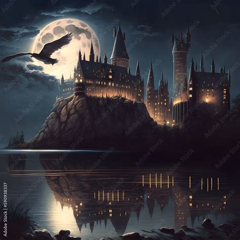 Hogwarts Castle At Night A Massive Dragon Flying Lots Of Stars In The