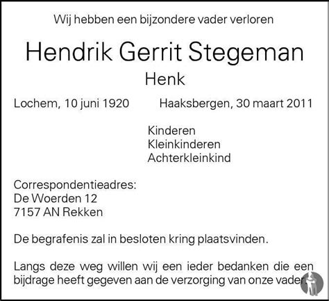 Hendrik Gerrit Henk Stegeman 30 03 2011 Overlijdensbericht En