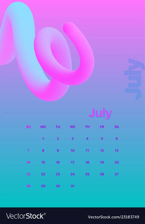 Abstract Minimal Calendar Design For 2019 July Vector Image