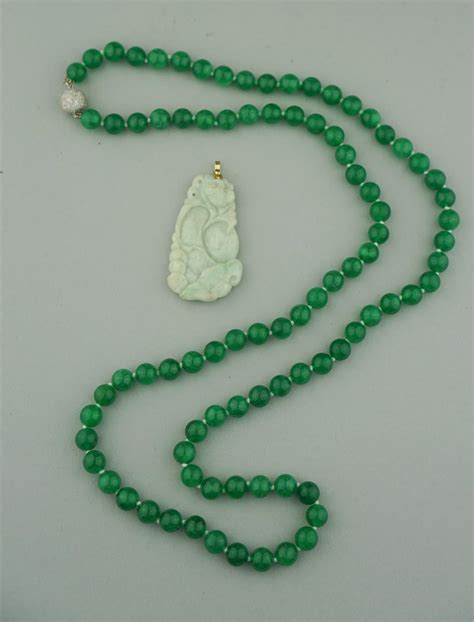 Lot 14k Jade Pendant And 14k Diamond And Jade Bead Necklace