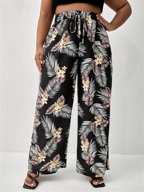 Pantalones De Pierna Ancha Con Estampado Tropical Con Nudo Delantero