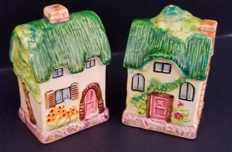 Small Green And Yellow Cottages Salt And Pepper Shaker Salt And