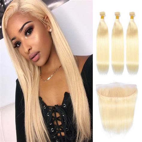 Brazilian Straight 613 Blonde Human Hair 3 Bundles With Lace Frontal