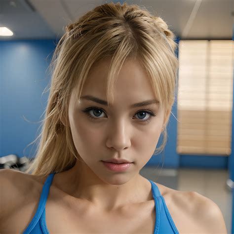 Mujer Sexy Con Rasgos Japoneses En El Gym Con Ojos Grandes Color Azul Blonde Hair Seaart Ai