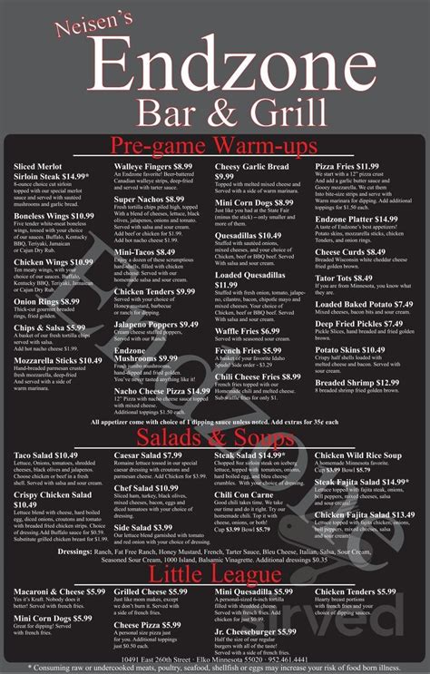 End Zone Bar Grill Menus In Elko New Market Minnesota United States