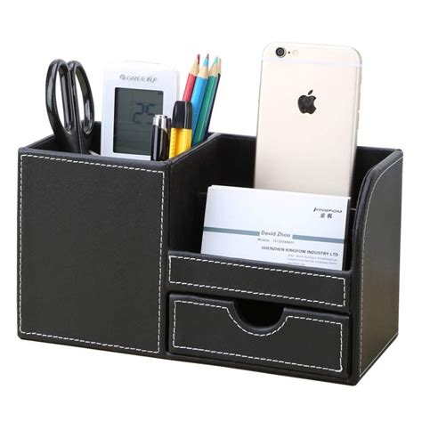 Kingfom Wooden Struction Leather Multi Function Desk Stationery Organizer Storage Box Pen Pencil