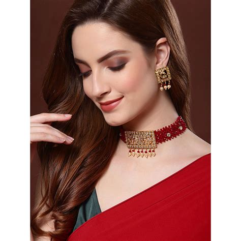 Panash Maroon Gold Plated Peacock Shaped Choker Jewellery Set Buy