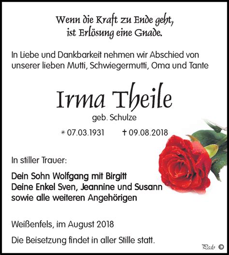 Traueranzeigen Von Irma Theile Abschied Nehmen De