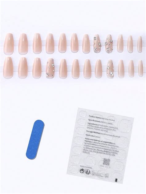 Piece Set Of Nude Press On Nails Long Coffin Shaped Small Diamonds Piles Of Diamonds