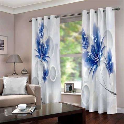 Blossom Blue And White Printed Window Curtain Dingmun