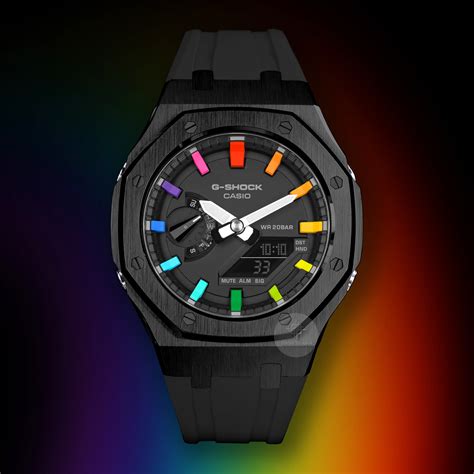 G Shock Mod With Rainbow Hour Markers Black Steel Case Black Strap