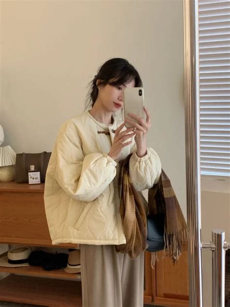 Korean O Neck Cotton Jacket Women Beige Loose Long Sleeve Parkas Warm